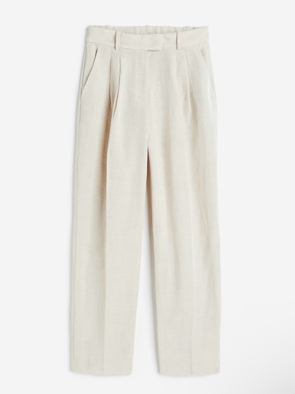Linen Blend Cream High-Waist Pleated Trousers